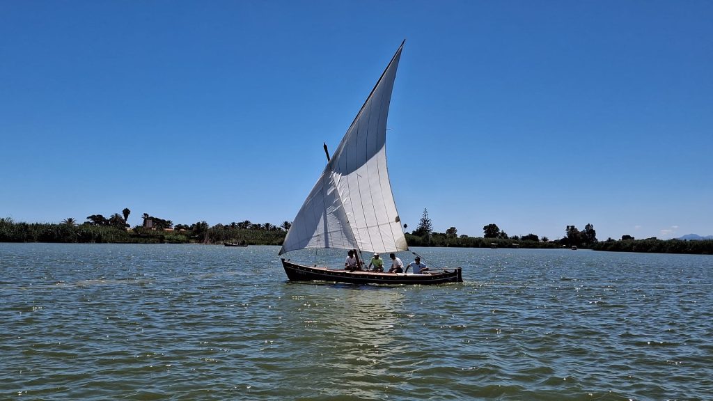 Barca tradicional navegando con vela latina en la Albufera de Valencia